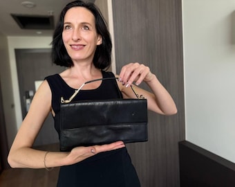 Vintage Black Leather Clutch, 1980s Italian Handbag