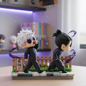 May include: Figurines of two anime characters in black outfits, one with white hair and the other with black hair, walking on a miniature grassy base. A small wooden fence and Japanese text are also present. The background includes anime posters.