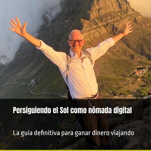 Może przedstawiać: Mężczyzna z wyciągniętymi ramionami stoi przed pasmem górskim. Obraz zawiera tekst "Persiguiendo el Sol como nómada digital", "La guía definitiva para ganar dinero viajando" oraz imię i nazwisko "Jan van Kuijk".