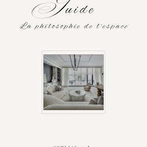 Peut inclure: Couverture de livre crème avec le mot "Guide" en écriture élégante au-dessus de la phrase française "La philosophie de l'espace". Une photo d'un salon moderne est centrée, avec le texte "CEBI Lifestyle 2020-2025" en dessous.