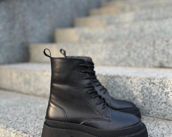 Chunky Platform Combat Boots | Faux Leather Lace-Up, Winter Fashion