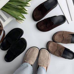 Women's Suede Penny Loafer Mules | Backless Slip On Flats, Minimalist Summer Clogs
