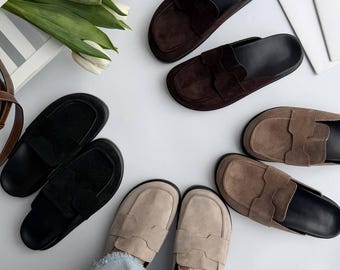 Women's Suede Penny Loafer Mules | Backless Slip On Flats, Minimalist Summer Clogs