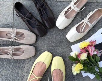 Lace Up Ballet Flats, Square Toe Leather Ballerinas, Ribbon Tie Mary Jane Shoes, Soft Leather Flats Women Chocolate Brown Leather Flats