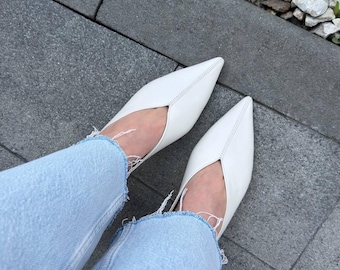 Pointed Toe Kitten Heel Pumps | Genuine Leather Suede V-Cut Flats