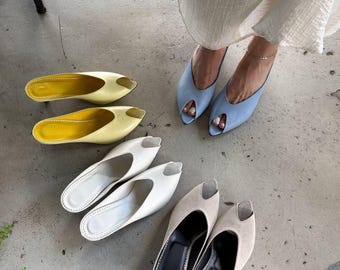 Pointed Peep Toe Mules, Leather Low Heel Mules, Sand Suede Slip On Heels, Premium Summer Shoes, Minimalist Mules Women