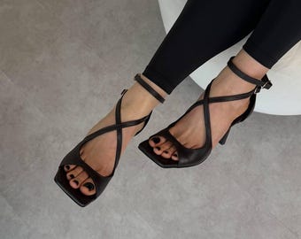 Minimalist Strappy Leather Sandals, Square Toe Block Heels, Elegant Summer Footwear