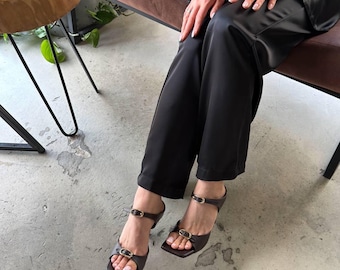Handmade Genuine Leather Square Toe Heeled Sandals | Gold Hardware Slingback, 8cm Heel