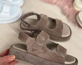Minimalist Leather Velcro Sandals | Women's Comfortable Flat Walking Shoes