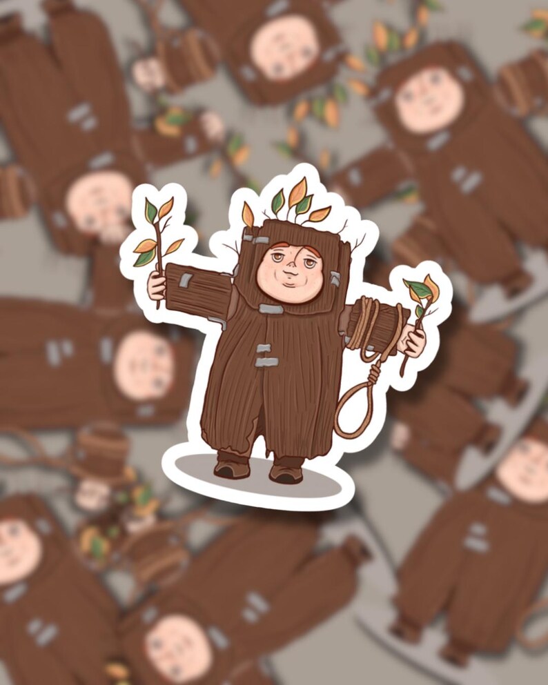 May include: A sticker depicting a cartoon character in a brown tree costume, holding branches with leaves. The character has a smiling face and is surrounded by other stickers with the same design. A noose hangs from the character's arm.
