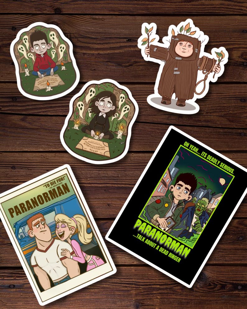 May include: A selection of vibrant stickers based on the animated film "ParaNorman." The stickers depict characters and scenes, including those with ghosts, and text that reads "To Die For" and "Oh Yeah... It's Deadly Serious."
