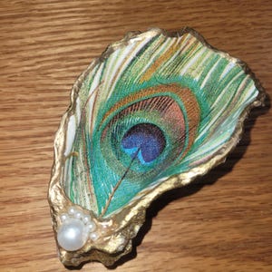 May include: An oyster shell decorated with a peacock feather design. The shell is painted with gold trim and adorned with a large pearl and smaller pearls. The peacock feather features shades of green, blue, and brown.