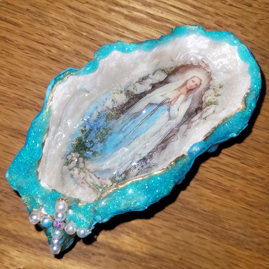 Virgin Mary Shell Gilded Virgin Mary Oyster Shell With Pearl Cross - Etsy