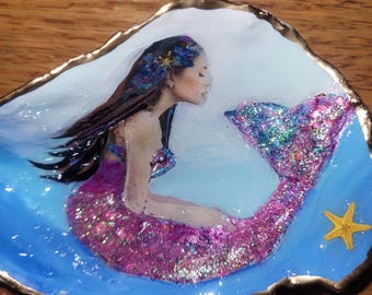 Oyster Shell Mermaid Art Trinket Ring Dish