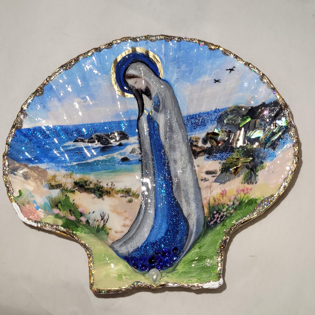 Virgin Mary Shell Decoupaged Large Scallop Shell Sacred Virgin Mary Seascape Religious ...
