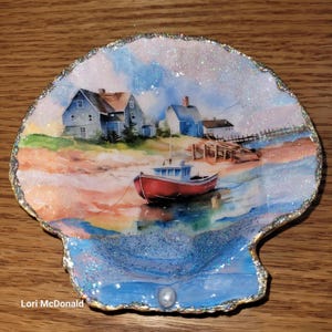 Scallop Shell Decoupage Ocean Boat Seascape Art