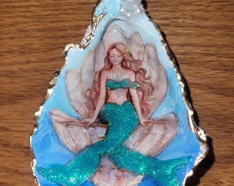 Oyster Shell Mermaid Art Trinket Ring Dish Coastal Gift