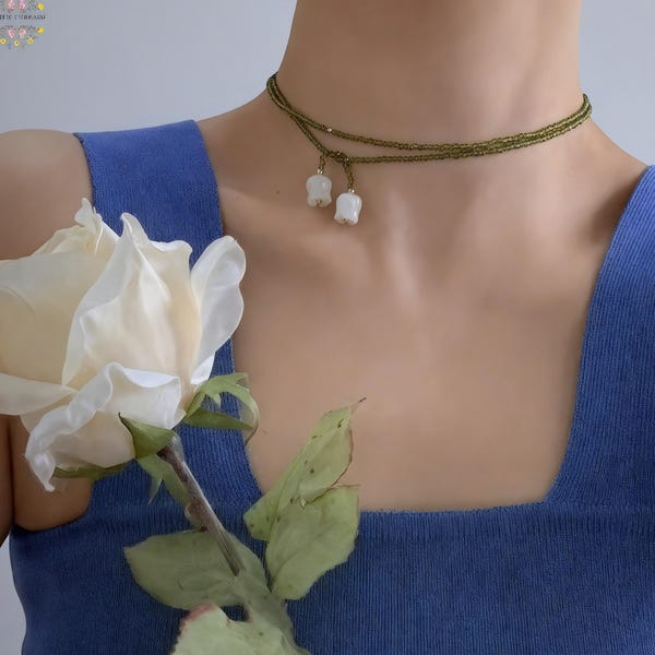 Green Lily of the Valley Beaded Necklace, Dainty Long Tie Pendant, Minimal Choker for Women