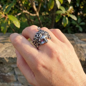 May include: A silver ring featuring a sculpted face with flowing hair and a red gemstone eye. The ring has an ornate, detailed design and is worn on a finger. The ring's style is gothic or fantasy-inspired.