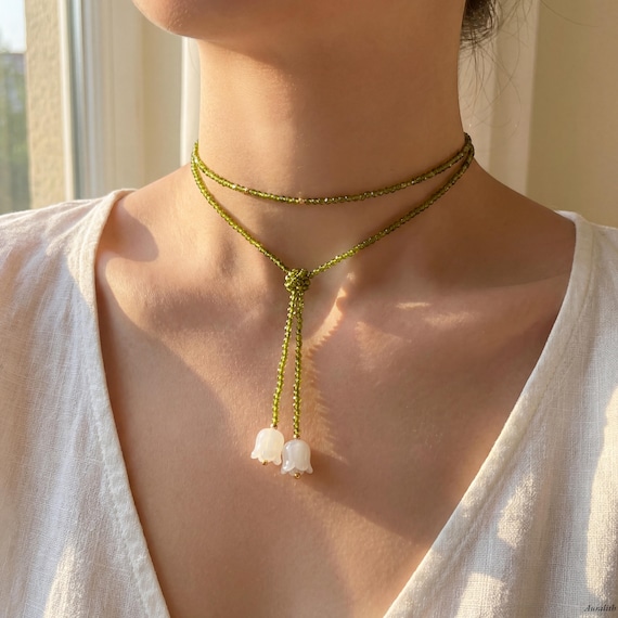 Lily of the Valley Beaded Necklace, Olive Green Crystal Choker, Dainty Floral Wrap Style
