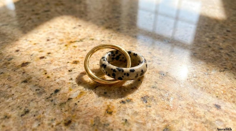 Natural Dalmatian Stone Ring Set, Gold Plated Stacking Rings, Boho Minimalist Jewelry image 6