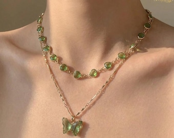 Groene gelaagde vlinderketting met zirkonia – Elegante choker met dubbele ketting