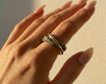 Natuurlijke Dalmatische stenen ringset, vergulde stapelringen, boho minimalistische sieraden