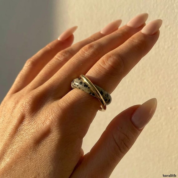 Natural Dalmatian Stone Ring Set, Gold Plated Stacking Rings, Boho Minimalist Jewelry