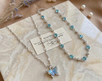 Blauwe kristallen vlinderketting | Zirkoonhanger, sleutelbeenketting
