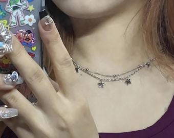 Dubbellaagse sterketting, zilveren chokerketting voor dames, sierlijke punk gelaagde stersieraden