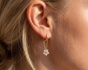 Druppeloorbellen met kristallen bloemketting, gouden Huggie Hoop, minimalistische sieraden