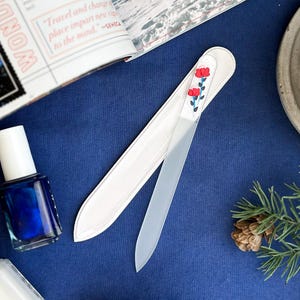 Scandinavian Flower Glass Nail File | Hand-Painted Blue and Red Flowers | Nail Care Gift | Folk Art Floral | Natural Nail Care