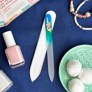 Peach and Gold Flower on Blue/Green Glass Nail File | Hand-Painted Tropical Flowers | Nail Care Gift | Bright Floral Art | Natural Nail Care