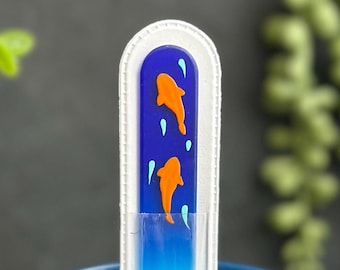 Koi Goldfish Blue Glass Nail File | Hand-Painted | Long Lasting Czech Crystal Glass Manicure File