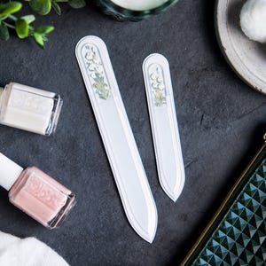 Winter Flowers Glass Nail File 2 Piece Gift Set | Hand-Painted Small White and Gold Flowers | Nail Care Gift | Natural Nail Care