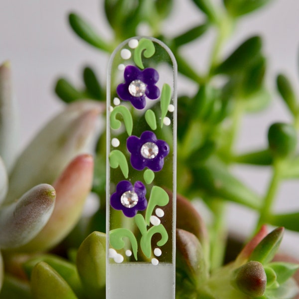 Purple Flowers Glass Nail File - Swarovski crystal on Hand-painted Glass Manicure File