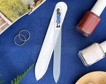 Forest Night Sky Glass Nail File | Hand-Painted Moon and Stars with Pine Tree | Nail Care Gift | Northern Sky Forest Art | Natural Nail Care