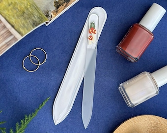 Frog and Mushrooms Glass Nail File | Hand-Painted Green Frog and Mushroom | Nail Care | Small Green Frog Art | Natural Nail Care