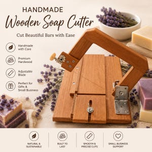 May include: A wooden soap cutter featuring a brown hardwood base and an adjustable wire blade mechanism with metal hardware. The device includes text reading HANDMADE Wooden Soap Cutter and Cut Beautiful Bars with Ease, alongside icons.
