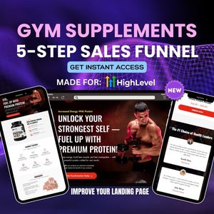 Plantilla de embudo GoHighLevel para marcas de fitness / Embudo de ventas de 5 pasos / Página de destino de alta conversión para productos de proteínas, suplementos y gimnasio