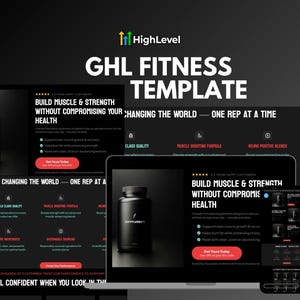 Może przedstawiać: Szablon marketingu cyfrowego dla GHL Fitness, wyświetlany na laptopie i smartfonie. Projekt ma czarne tło z białym tekstem, w tym "Build Muscle & Strength Without Compromising Your Health". Widoczna jest również czarna butelka z suplementem.