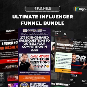 May include: An advertisement for the "Ultimate Influencer Funnel Bundle" with the text "4 Funnels" at the top. The image features several digital product mockups, including a Launchpad and a sales question guide. The offer ends in 37 and 58.