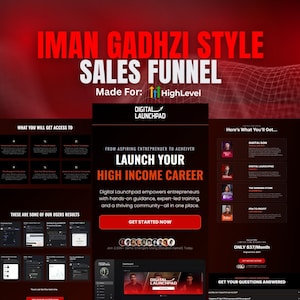 Könnte beinhalten: Eine digitale Marketinggrafik in Rot und Schwarz, die "IMAN GADHZI STYLE SALES FUNNEL" und "DIGITAL LAUNCHPAD" bewirbt. Der Text lautet "STARTEN SIE IHRE HOCHKARRIERE" und enthält Screenshots und eine Schaltfläche "JETZT STARTEN".