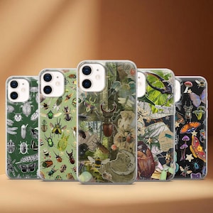 May include: A collection of five phone cases with insect-themed designs. Each case features a different collage of bugs, butterflies, and other insects in various colors, set against a clear background.