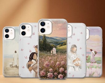 Puede incluir: Una colección de cinco fundas para teléfono con ilustraciones religiosas. Las fundas muestran imágenes de Jesús con un cordero, en un campo y con niños. Las fundas tienen un borde transparente y un acabado brillante. Las ilustraciones son en colores pastel suaves.