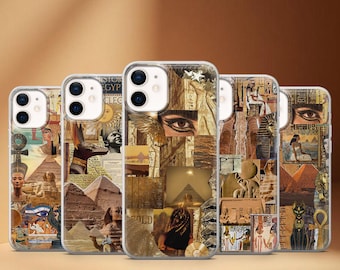 May include: A collection of phone cases featuring collage designs with Egyptian themes. The cases display images of pharaohs, pyramids, hieroglyphs, and other ancient Egyptian artifacts in shades of brown, gold, and beige.