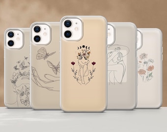 Funda para teléfono con diseño de arte lineal y silueta femenina para iPhone 17 Pro, 16, 15, 14, 13, 12, Samsung S25, S24, S23 Fe, S22, A16, A26, A56, Pixel 10, 9