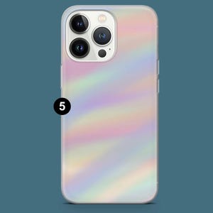 May include: A smartphone case with a pearlescent, iridescent design. The case has a clear border and features a swirling pattern of pastel colors, including pink, yellow, and blue. The number "5" is printed in black on the case.