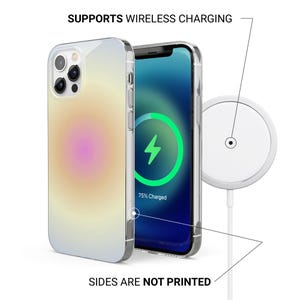 May include: A clear phone case with a gradient design in yellow, orange, and pink. The phone screen displays a charging symbol. A white wireless charger is also shown. Text on the image reads: SUPPORTS WIRELESS CHARGING and SIDES ARE NOT PRINTED.