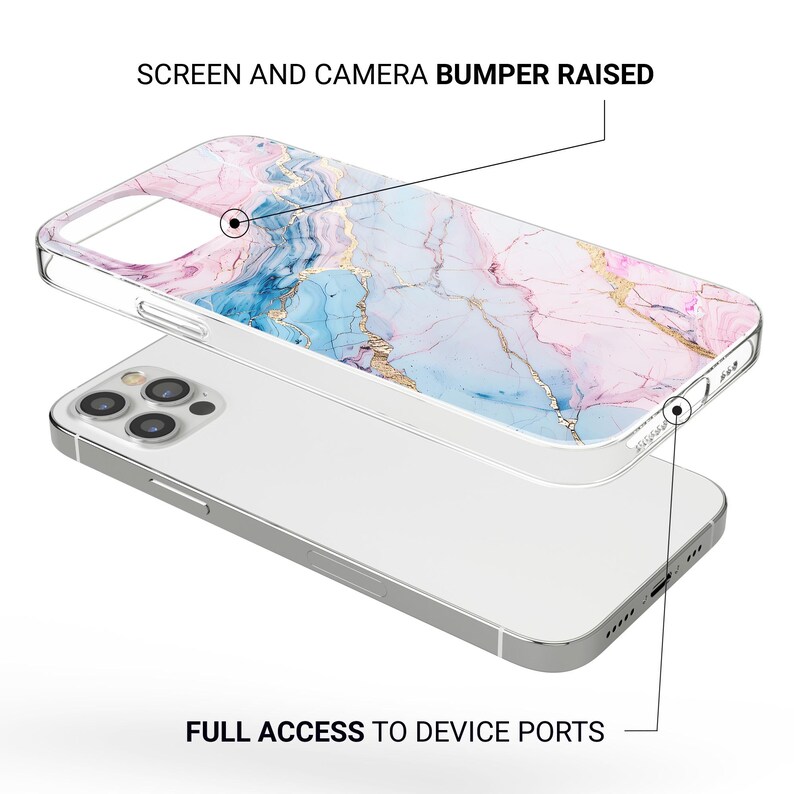 K&ouml;nnte beinhalten: Eine transparente Handyh&uuml;lle mit einem Marmormuster in Rosa, Blau und Gold. Die H&uuml;lle wird &uuml;ber einem silbernen Telefon gezeigt, mit dem Text "SCREEN AND CAMERA BUMPER RAISED" und "FULL ACCESS TO DEVICE PORTS".